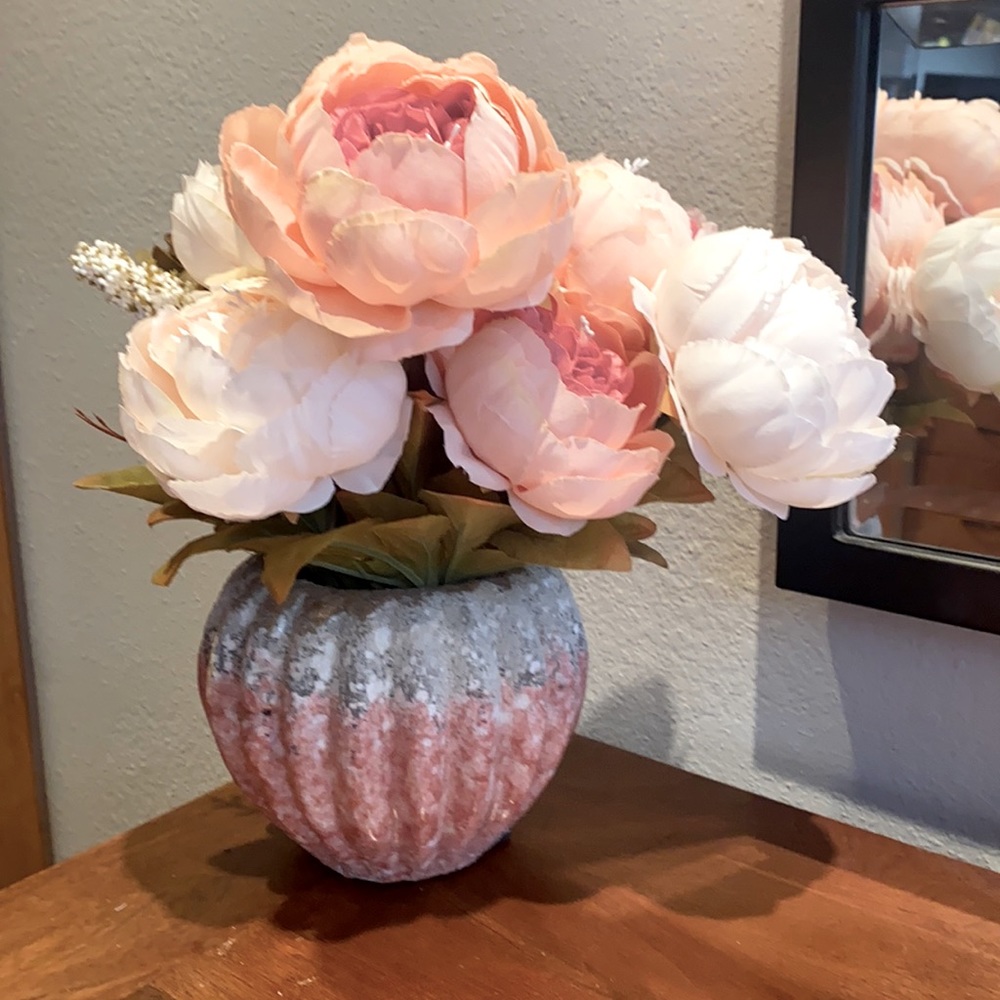 Pink Glazed Terracota Vase with Silk Flowers